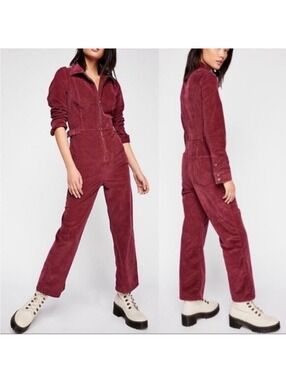 Free People Take me Out Burgundy Wine Corduroy Jumpsuit in Burgundy Size 6